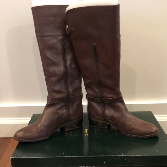 Ralph Lauren 7B Melora Dark Brown Burnished Calf Leather Boots - Picture 4 of 9